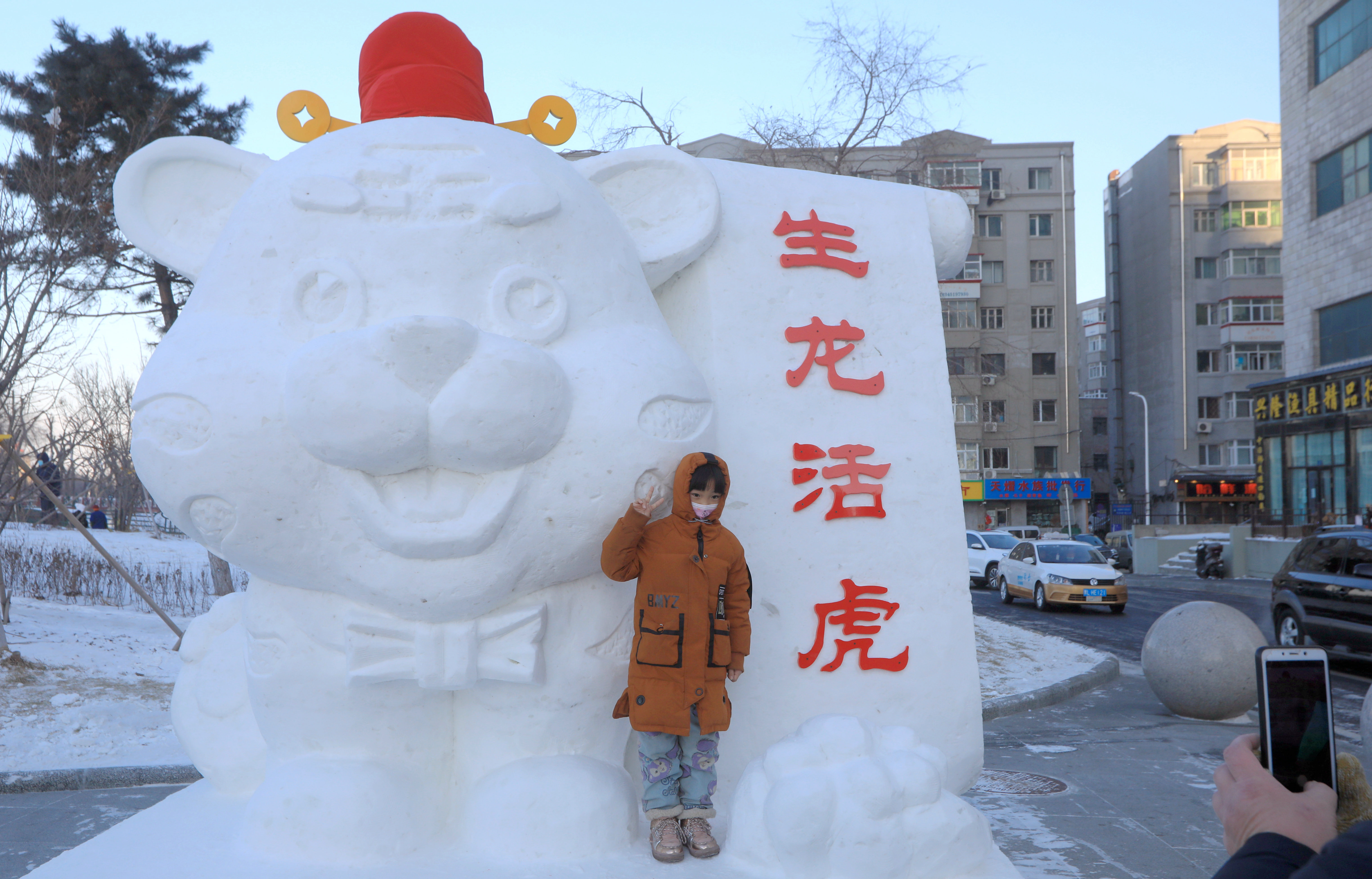 1月5日，哈尔滨市道外区江畔景阳广场上，五座生肖虎雪塑亮相。这五座虎塑，四小一大，小虎塑每个近3米高，2米宽，以“生龙活虎”“虎虎生威”等命名。主塑高5米，长20米，采用卡通形象造型的两只小虎，乖巧灵动可爱。